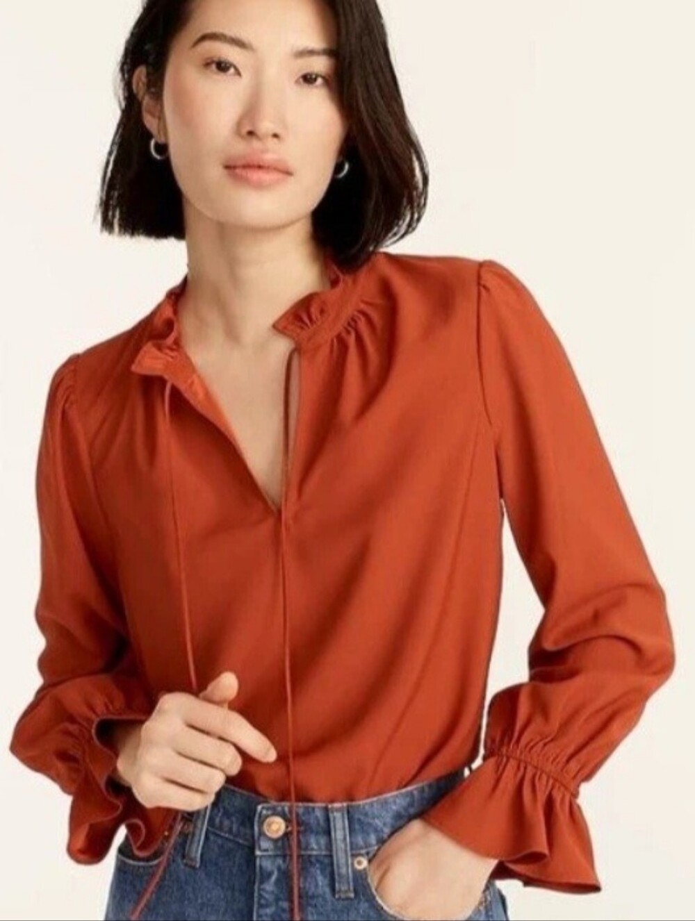 J. Crew Rust Long Sleeve Drapey Ruffle Blouse Size Small NEW NWT